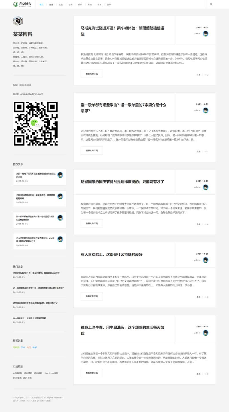 (自适应手机版)极简个人博客文章自媒体网站模板